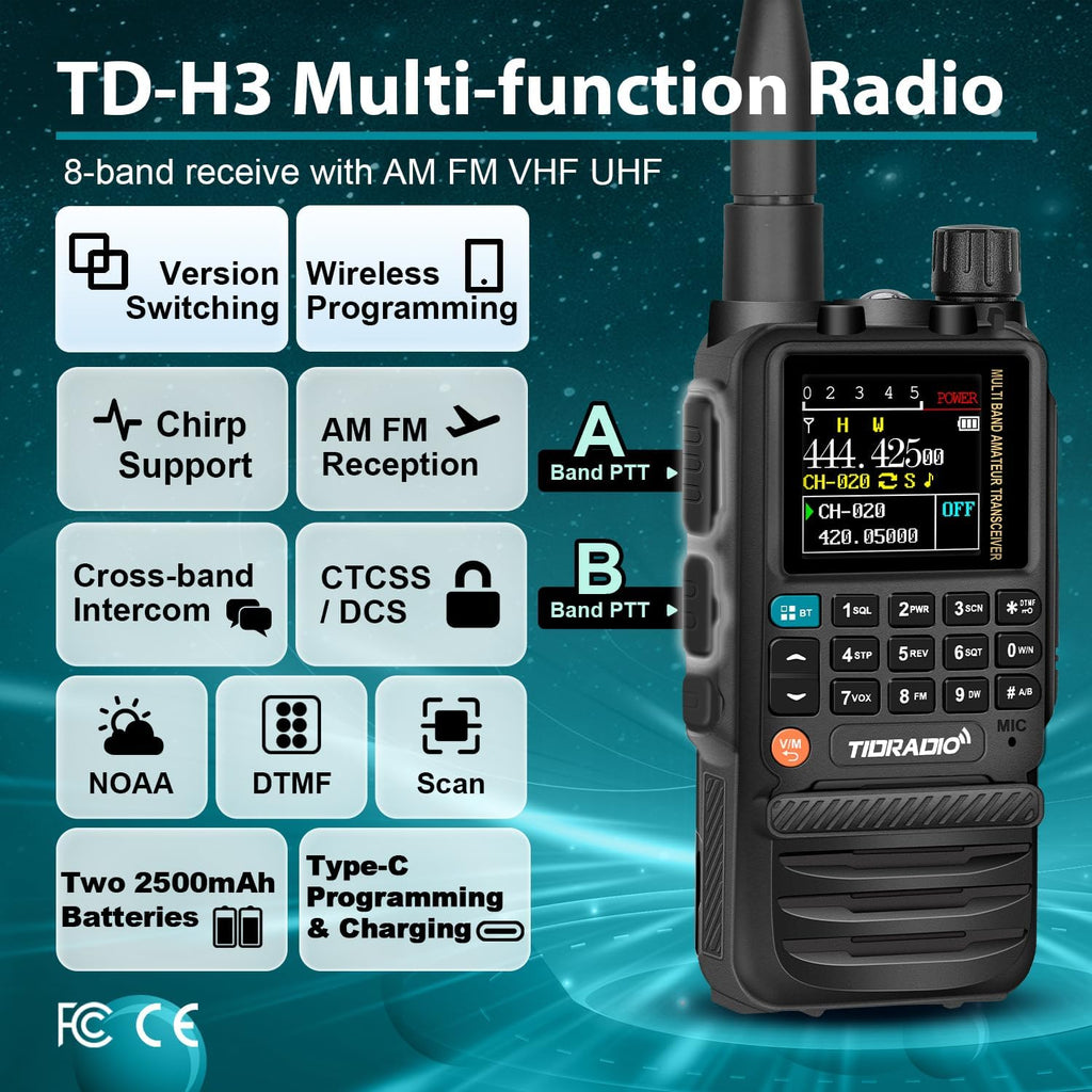 TD-H3 Multi-Band(2×2500mAh Batteries) Ham Radio,Wireless Programming,USB-C Programming& Charging,Dual PPT Rapid
