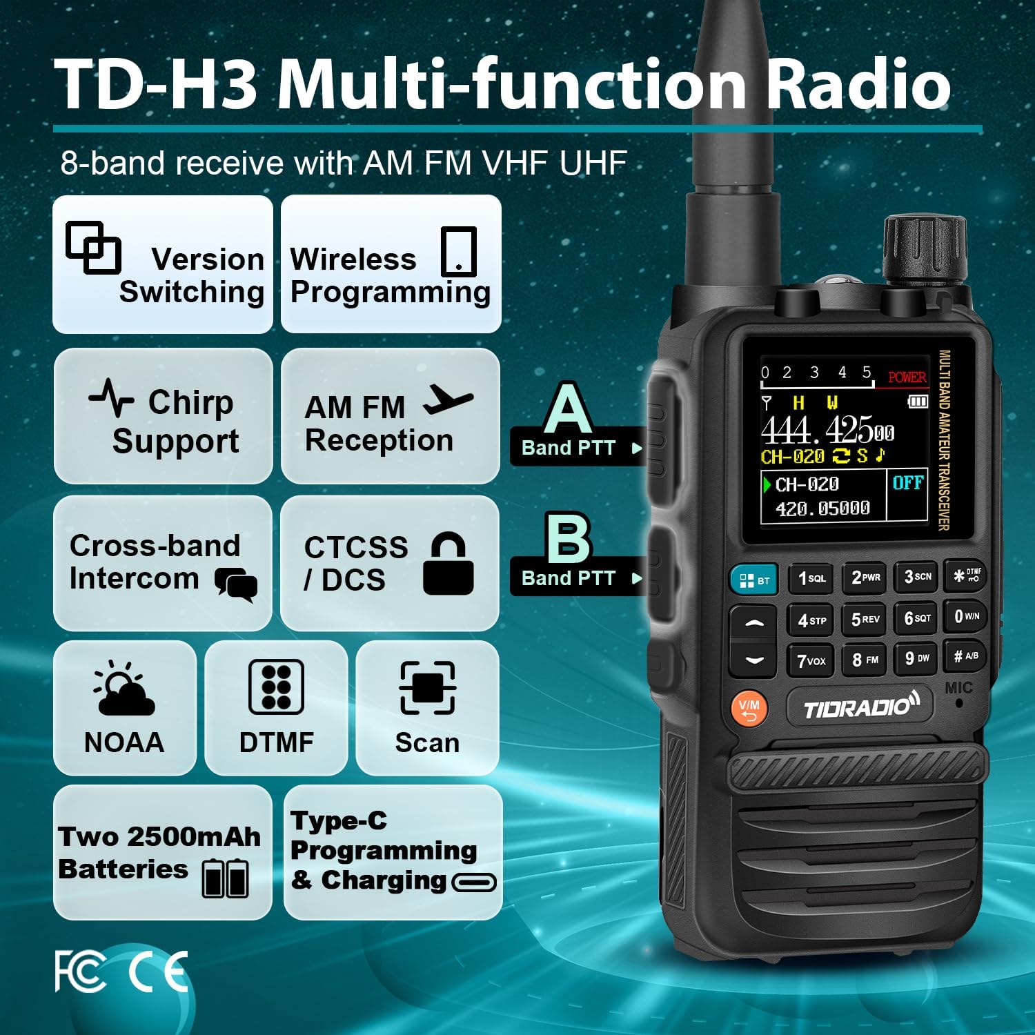 TD-H3 Multi-Band(2×2500mAh Batteries) Ham Radio,Wireless Programming,USB-C Programming& Charging,Dual PPT Rapid