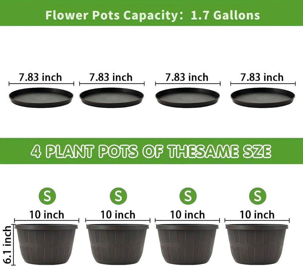10 inch Plastic Flower Pots for Outdoor Plants，4 Pack Large Outdoor Planter Pot with Drainage Holes &