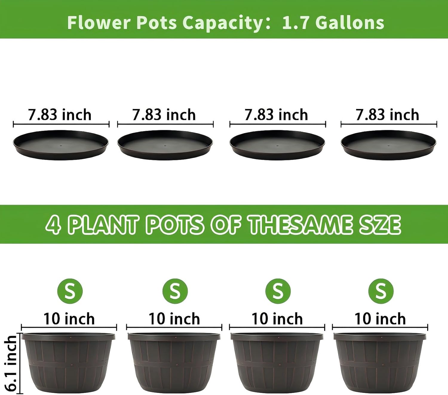 10 inch Plastic Flower Pots for Outdoor Plants，4 Pack Large Outdoor Planter Pot with Drainage Holes &