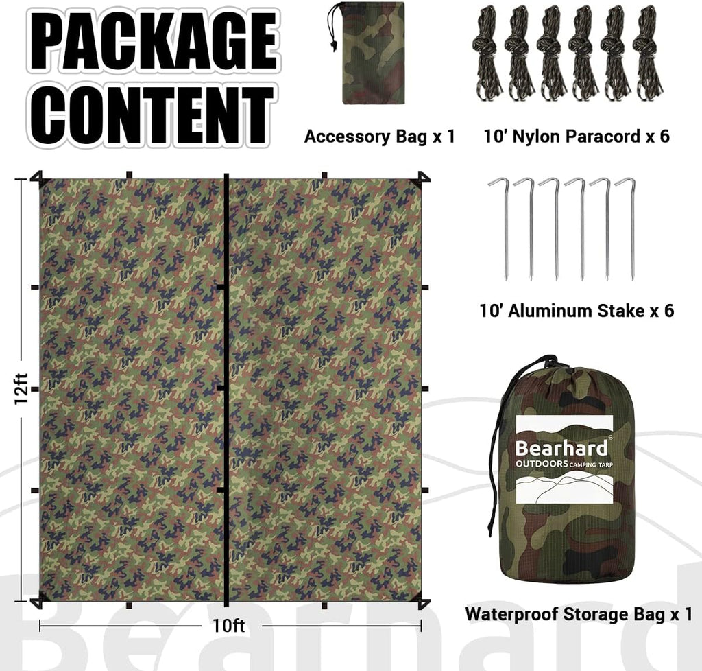 Waterproof Camping Tarp, Lightweight Hammock Rain Fly, UV Protection and PU 3000mm Waterproof Backpacking Tarp, Tent