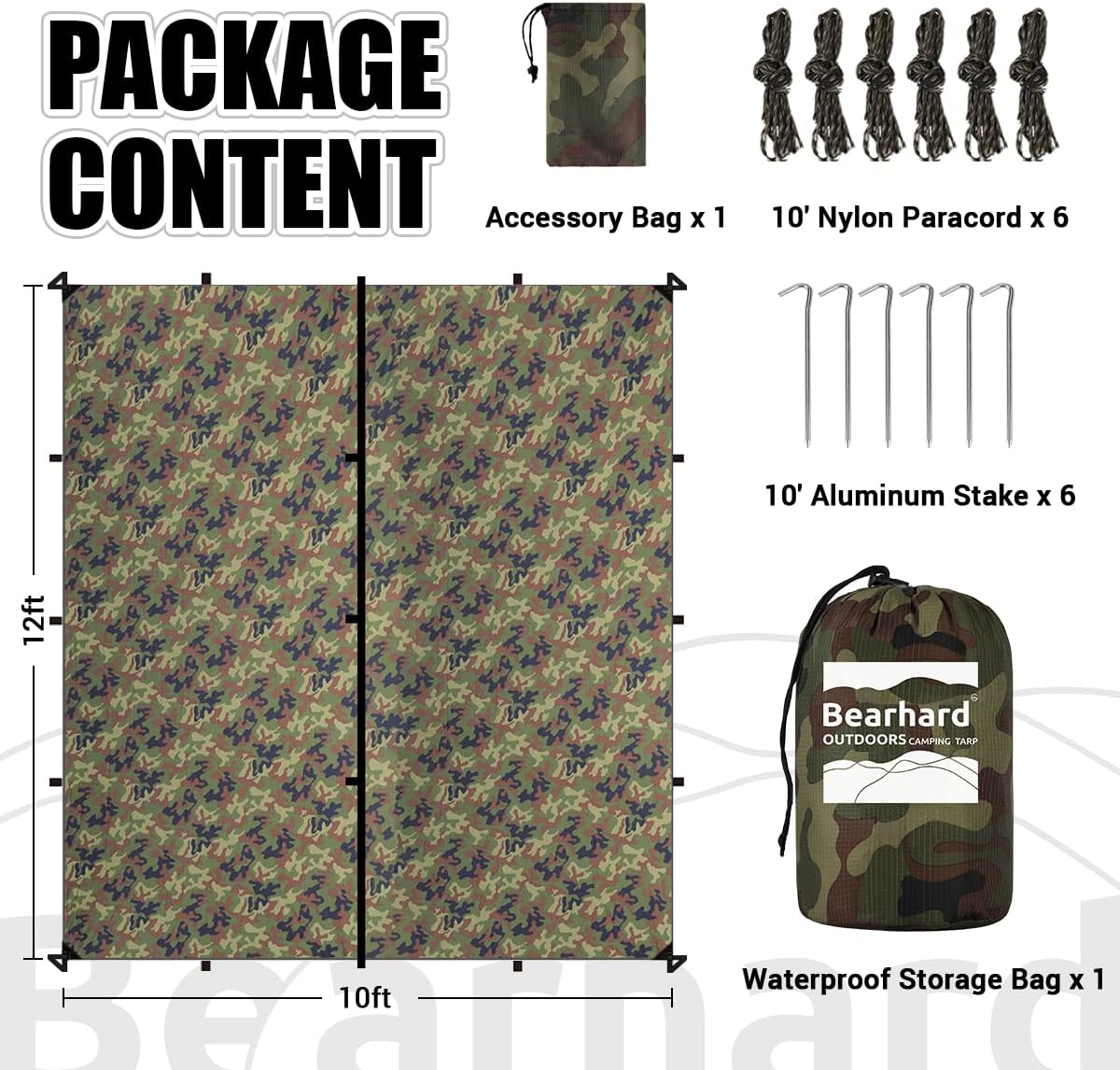 Waterproof Camping Tarp, Lightweight Hammock Rain Fly, UV Protection and PU 3000mm Waterproof Backpacking Tarp, Tent
