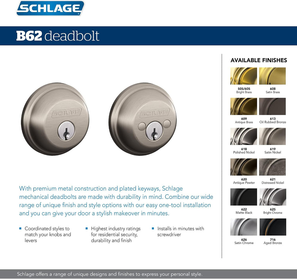 B62N622 Deadbolt, Keyed 2 Sides, Matte Black