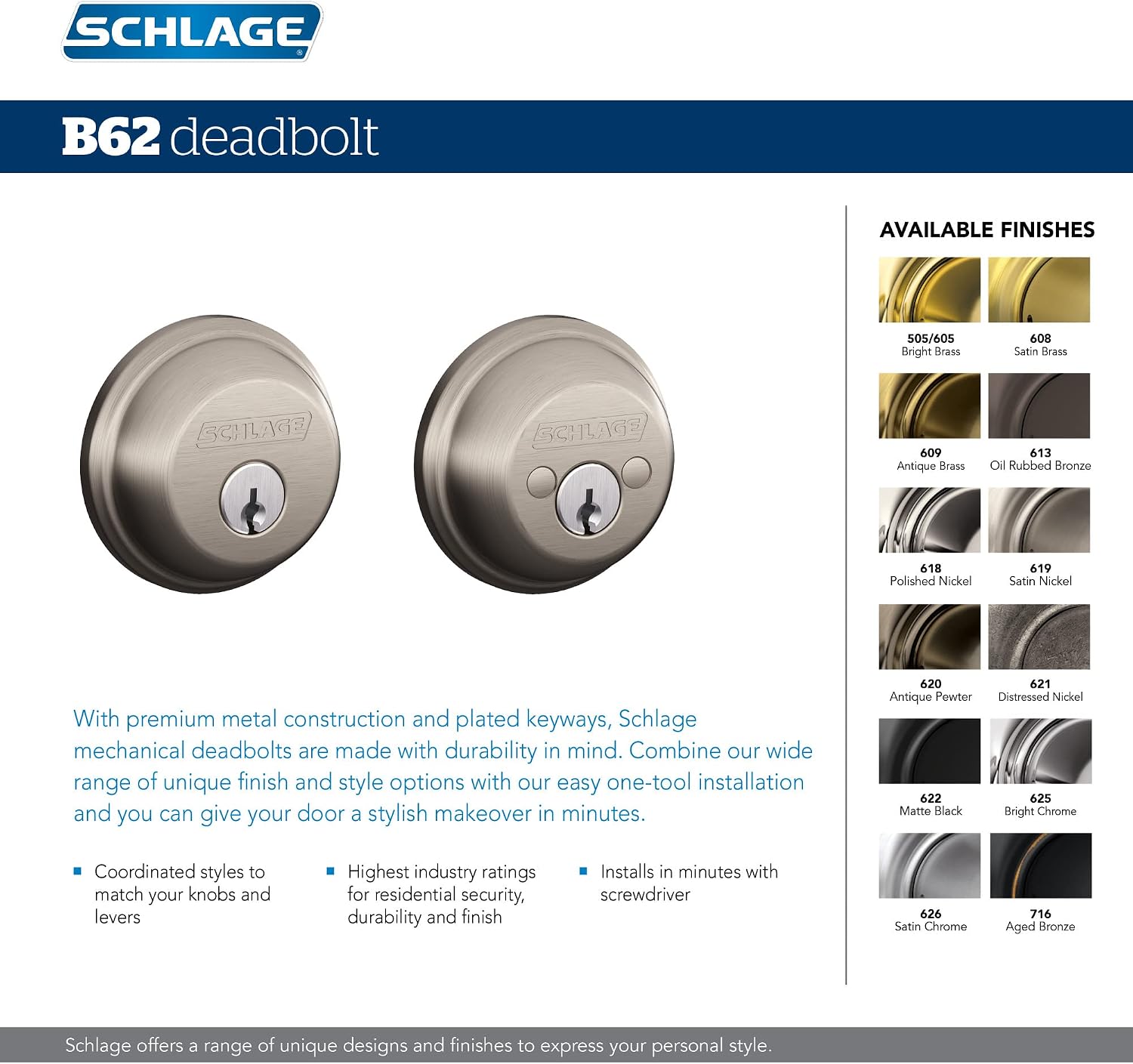 B62N622 Deadbolt, Keyed 2 Sides, Matte Black