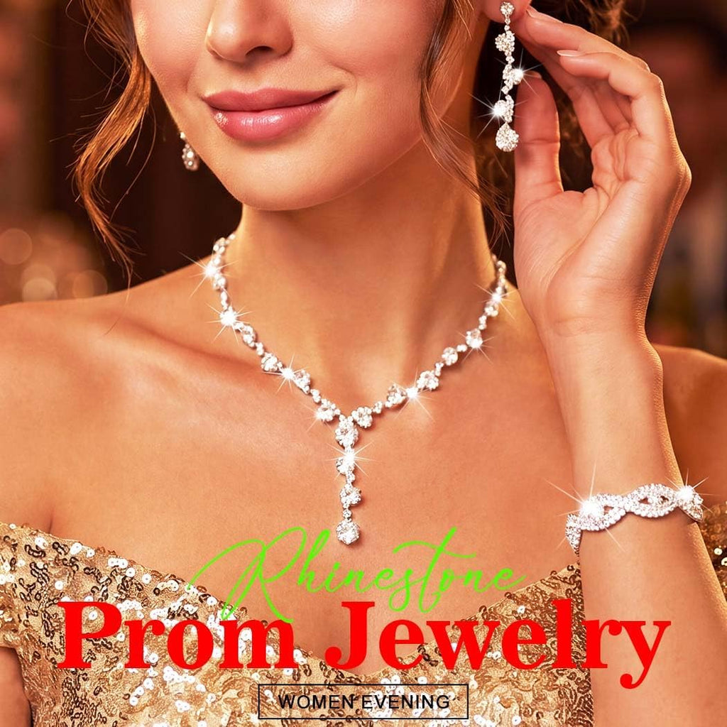 Rhinestone Jewelry Set Bridal Necklaces Clip On Earrings Set Wedding Prom Jewelry Accessories for Women