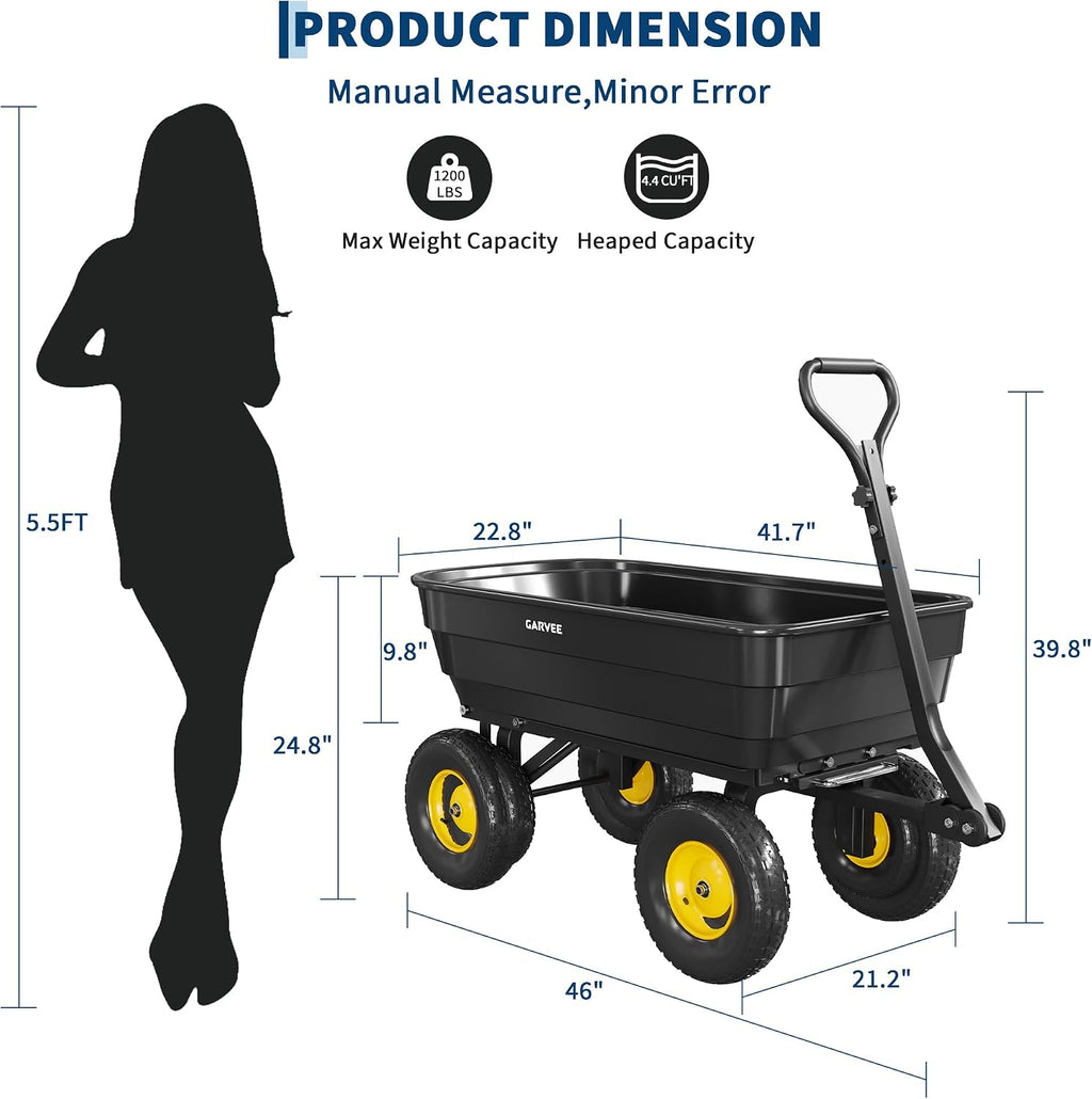 Poly Garden Dump Cart, Heavy Duty 1200lbs Wheelbarrow Yard Cart Dump Wagon with 13" All Terrain Wheels, Garden