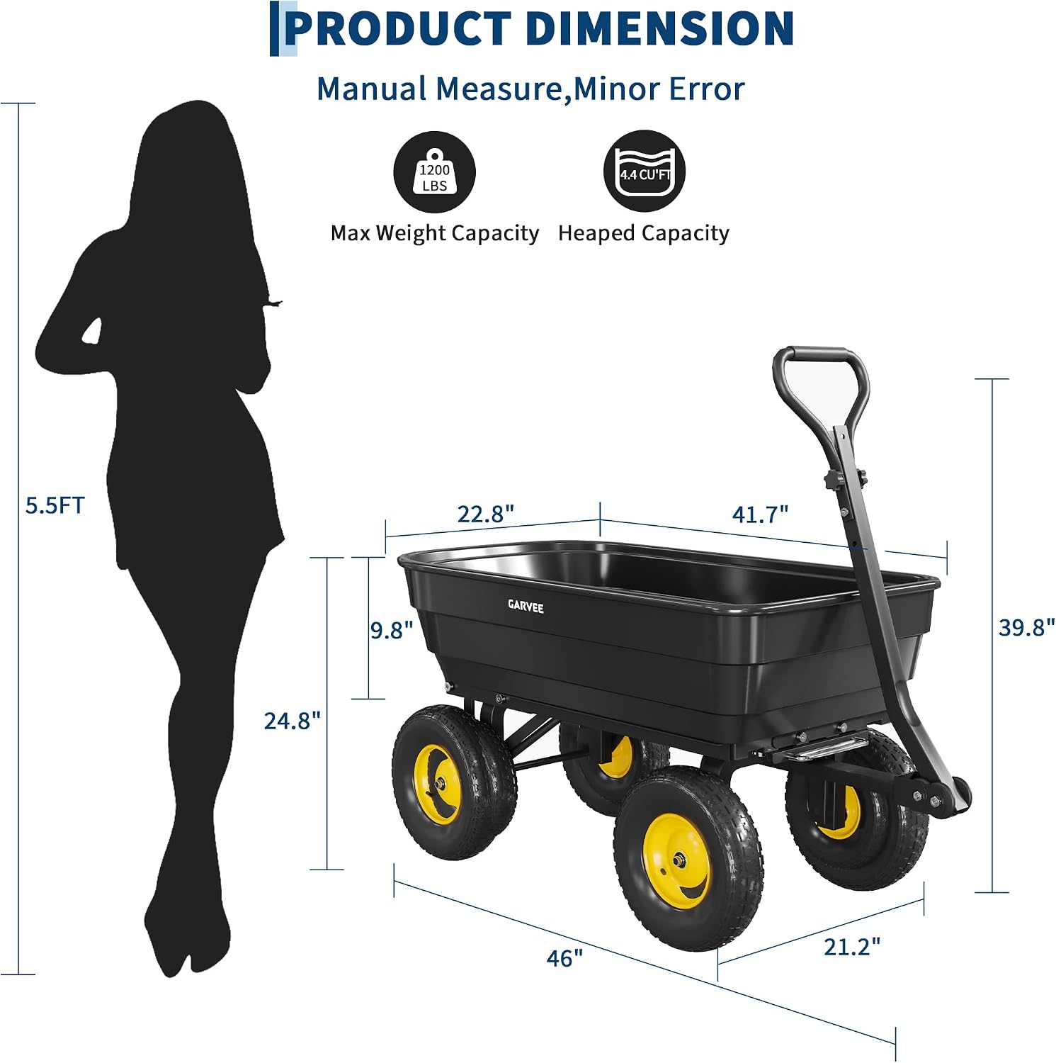 Poly Garden Dump Cart, Heavy Duty 1200lbs Wheelbarrow Yard Cart Dump Wagon with 13" All Terrain Wheels, Garden