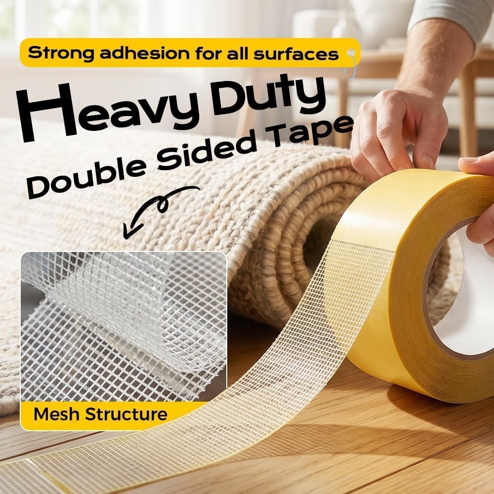 Heavy Duty Double Sided Tape, Fabric Mesh Adhesive Carpet Tape，1.18" × 33FT