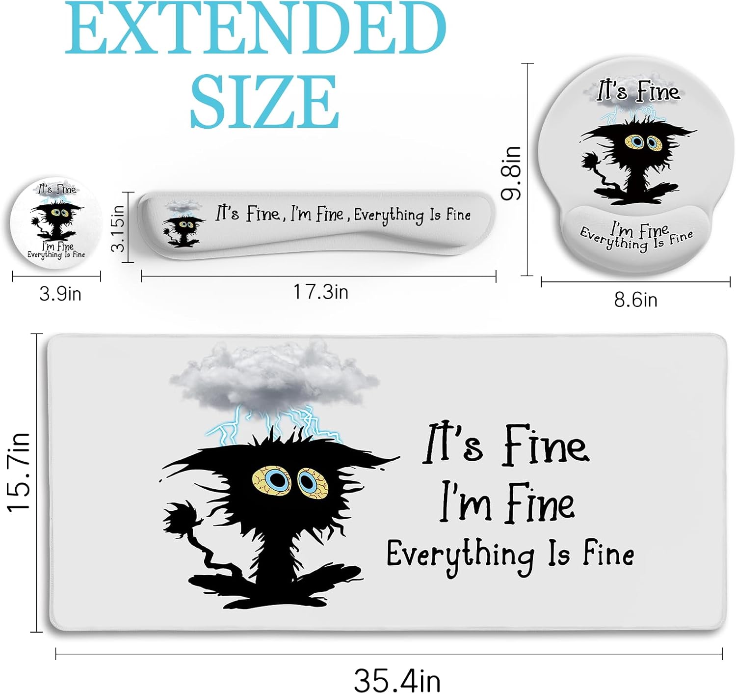 Large Gaming Mouse Pad Desk Mat Set, Funny Black Cat Desk Decor | Ergonomic Gel Wrist Rest, Computer Keyboard Mat