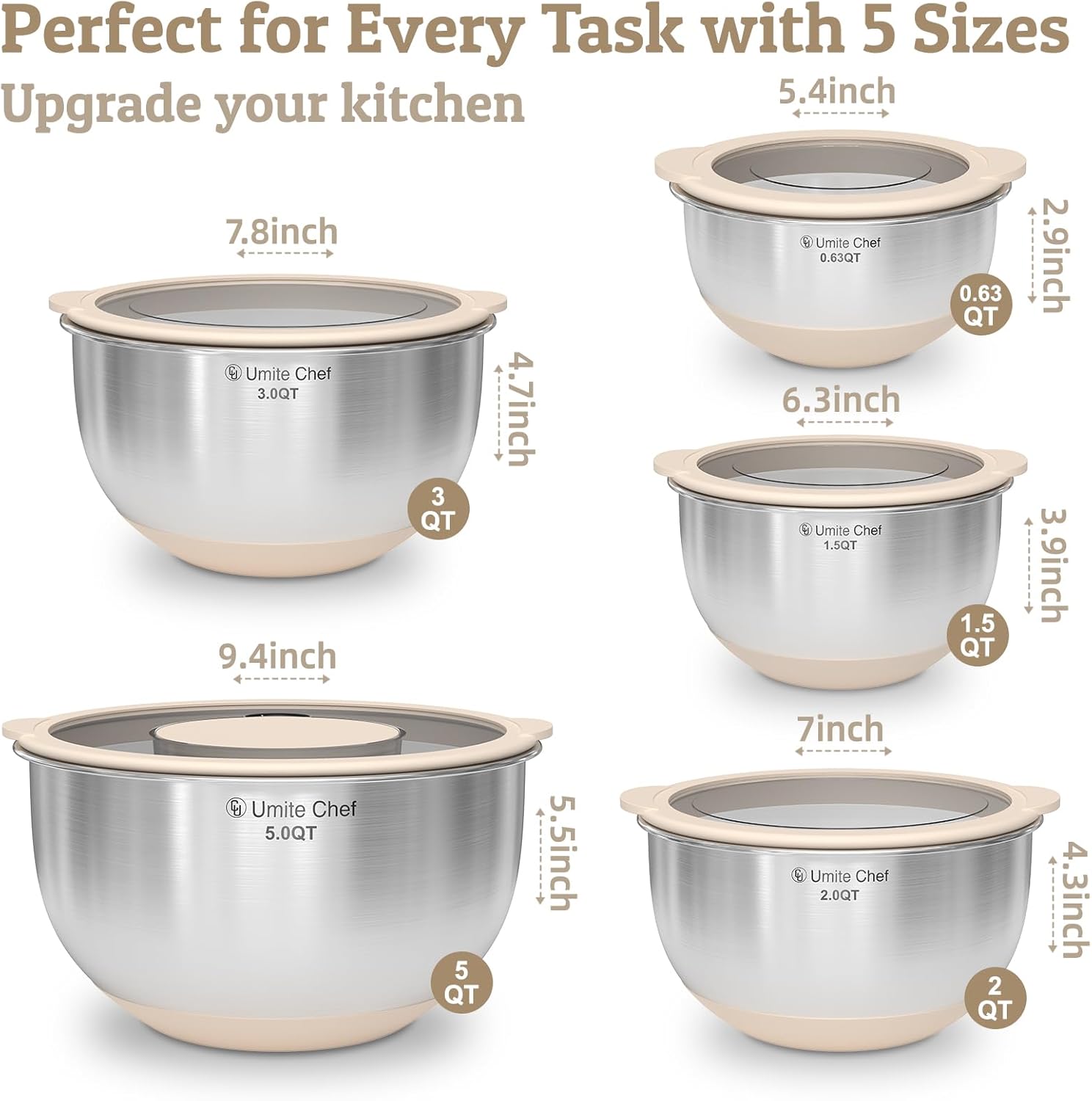 Mixing Bowles Set with Lids Set - Warp-Proof TPR-AS Lids, Stainless Steel Mixing Bowl with 3 Graters & Measuring