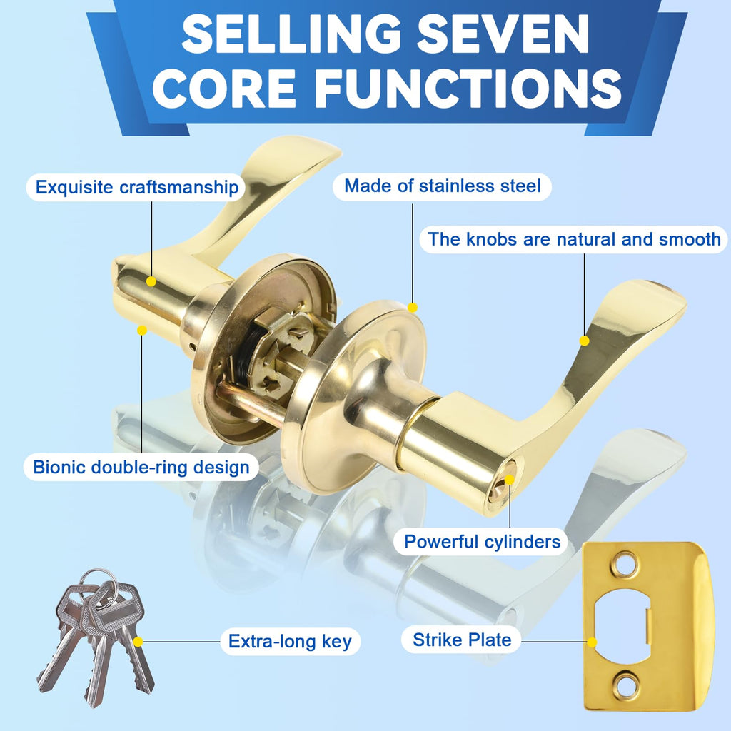 High-Security Stainless Steel Door Lever with Lock & Key(Gold)