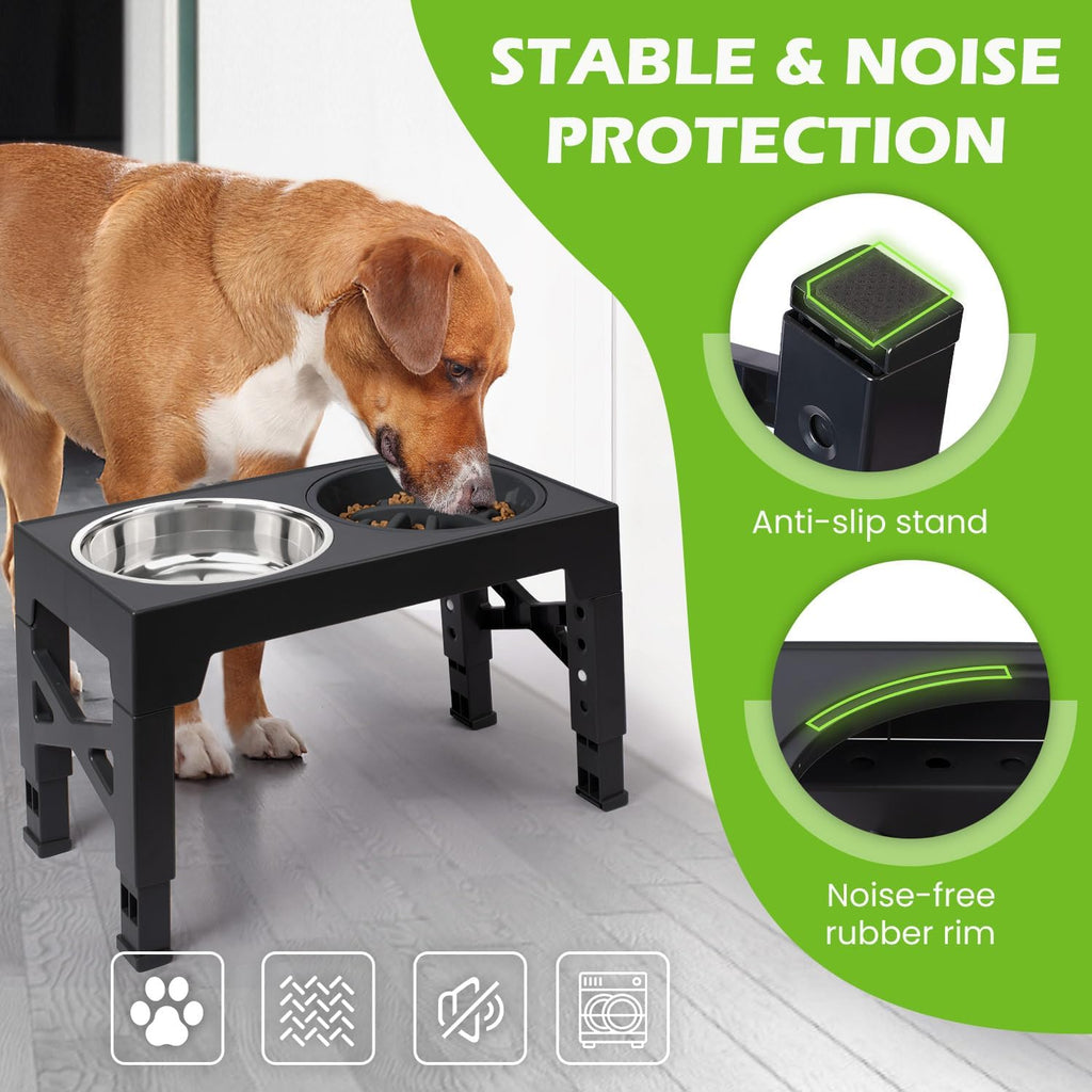 Elevated Dog Bowls - 5 Adjustable Heights Stand, 2 Stainless Steel Bowls & 1 Slow Feeder, 3.2" to 12.2" for Small to