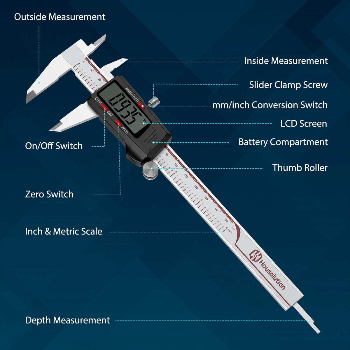 Housolution Digital Caliper 6 Inch, Inch/MM, 4 Measuring Ways, Auto-Off