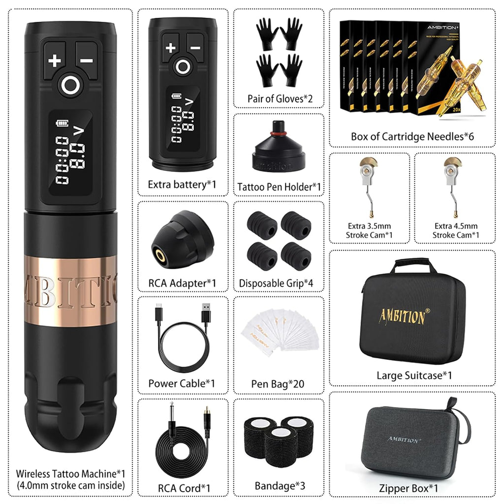 Soldier Tattoo Kit - Wireless Tattoo Machine Kit Complete Rotary Tattoo Gun with Extra 2400mah Power 120pcs Glory