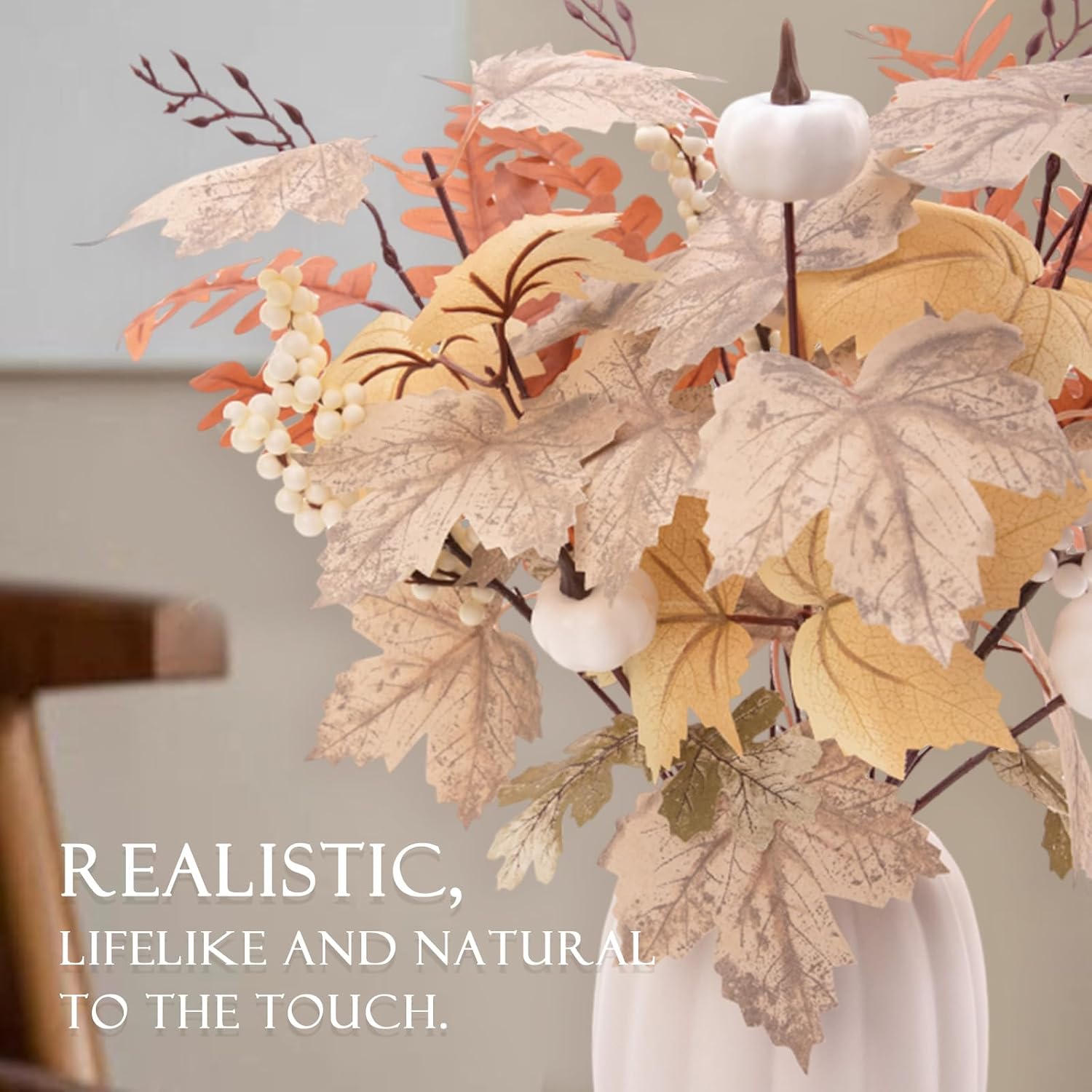 Fall Decor - Ceramic Pumpkin Vase with 15 PCS Autumn Maple Leaf Pumpkin Berry Stems - Table Centerpieces Thanksgiving