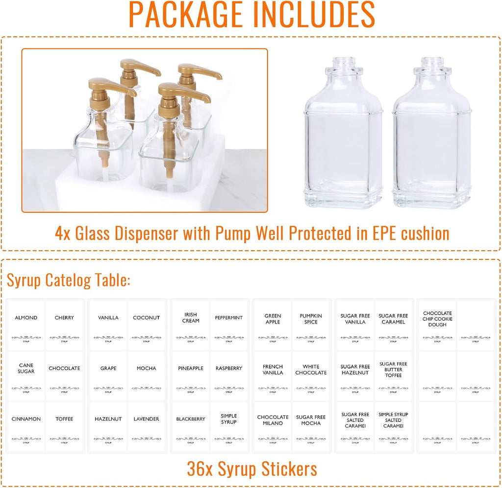 16 oz Coffee Syrup Dispenser with Pumps Set, 4 Leak-Proof Glass Bottles