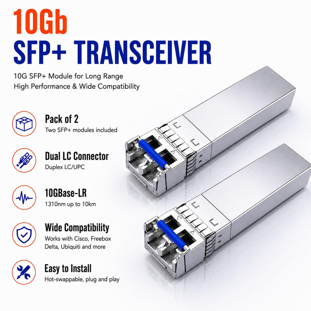 Elfcam - 2 Pack 10Gb SFP+ Transceiver Module, 10GBase-LR SFP+ Module 1310nm, LC/UPC Duplex Singlemode Connector (OS2), DDM10KM