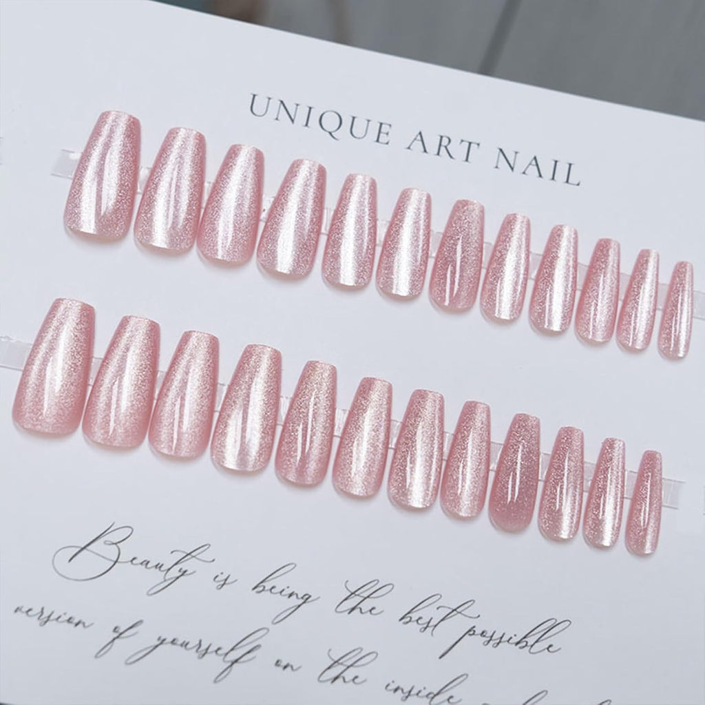 Long Coffin Press on Nails Light Pink Cat Eye Fake Nails Long Coffin False Nails with Gradient & Glitter Design