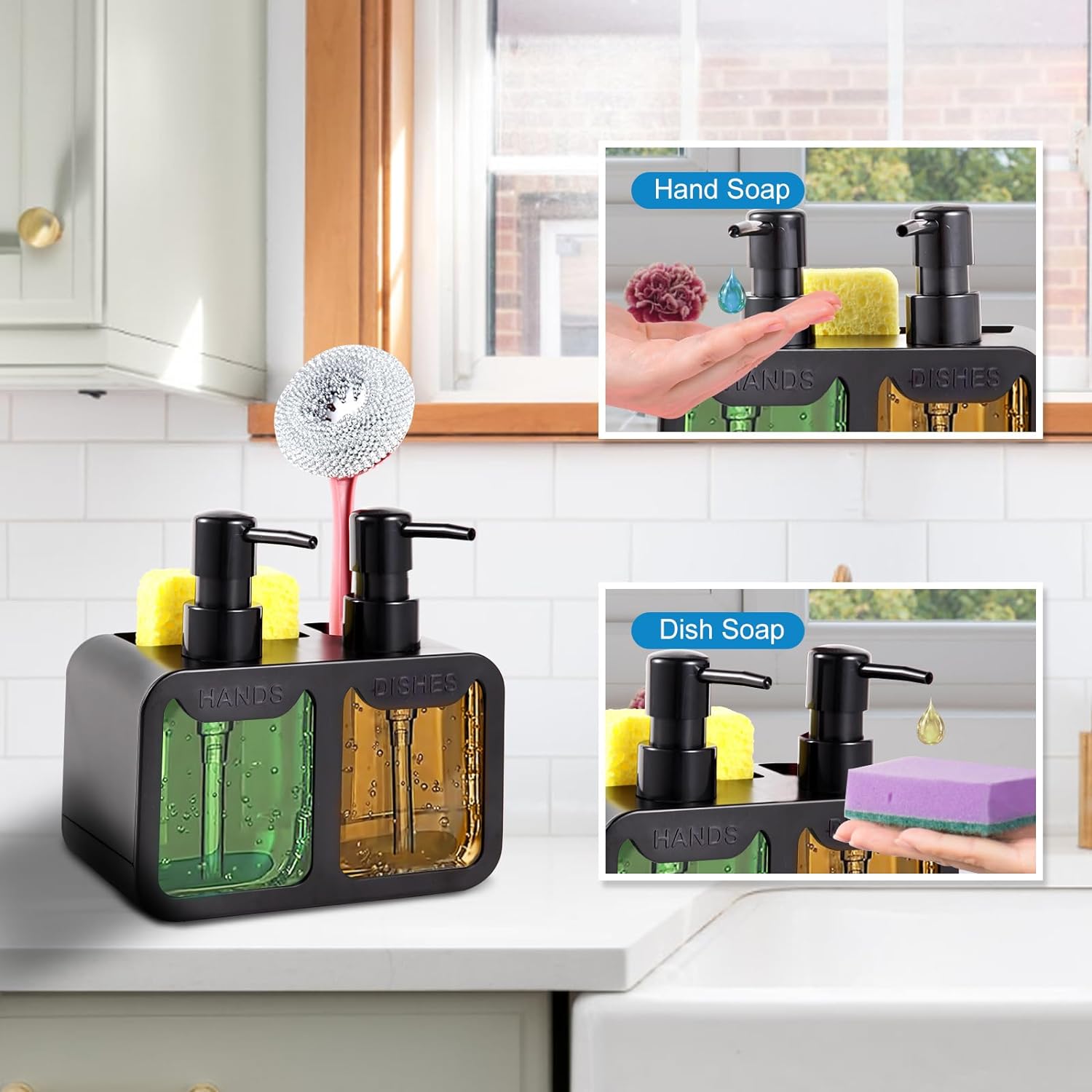 Kitchen Soap Dispenser Set, with Hand and Dish Soap, Sponge Caddy and Brush Holder 4-in-1 Kitchen Dual Soap Dispenser