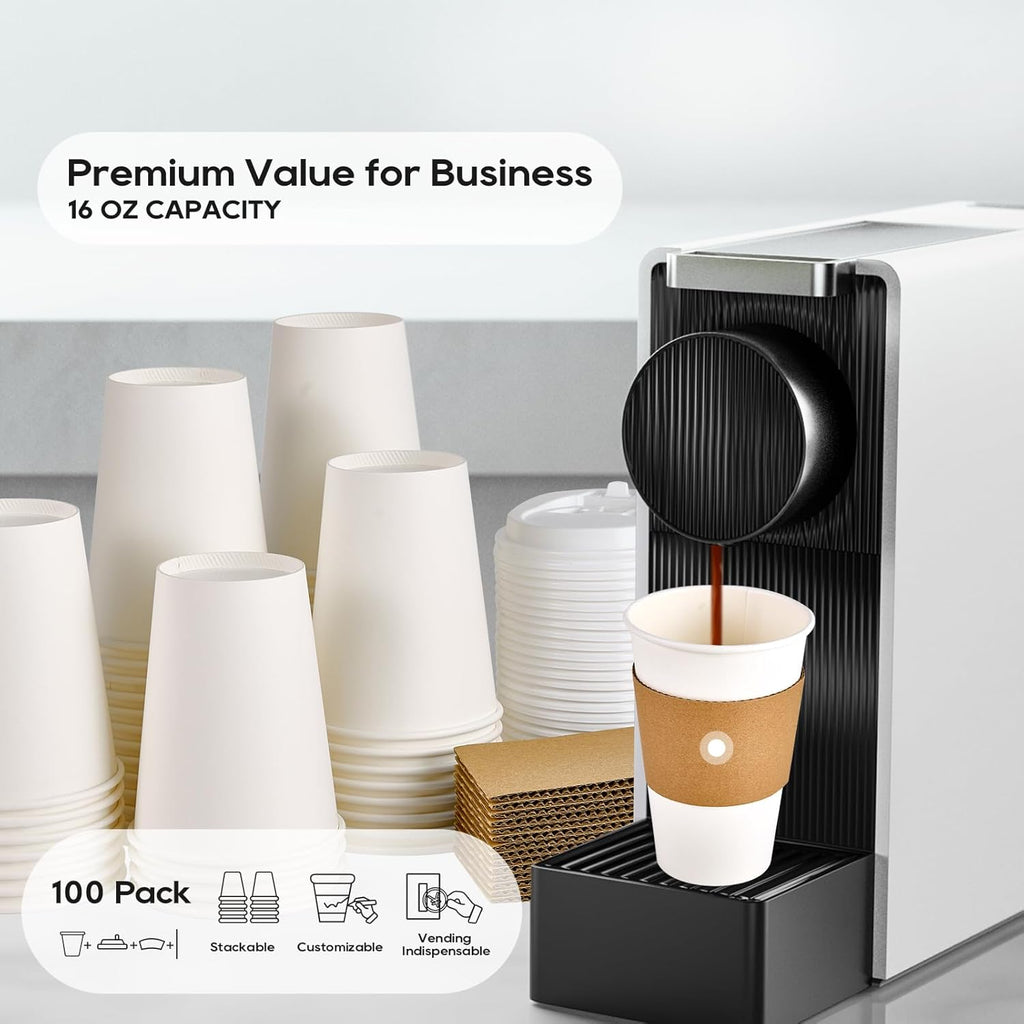 100 Pack 16 oz Disposable Paper Coffee Cups with Lids & Sleeves
