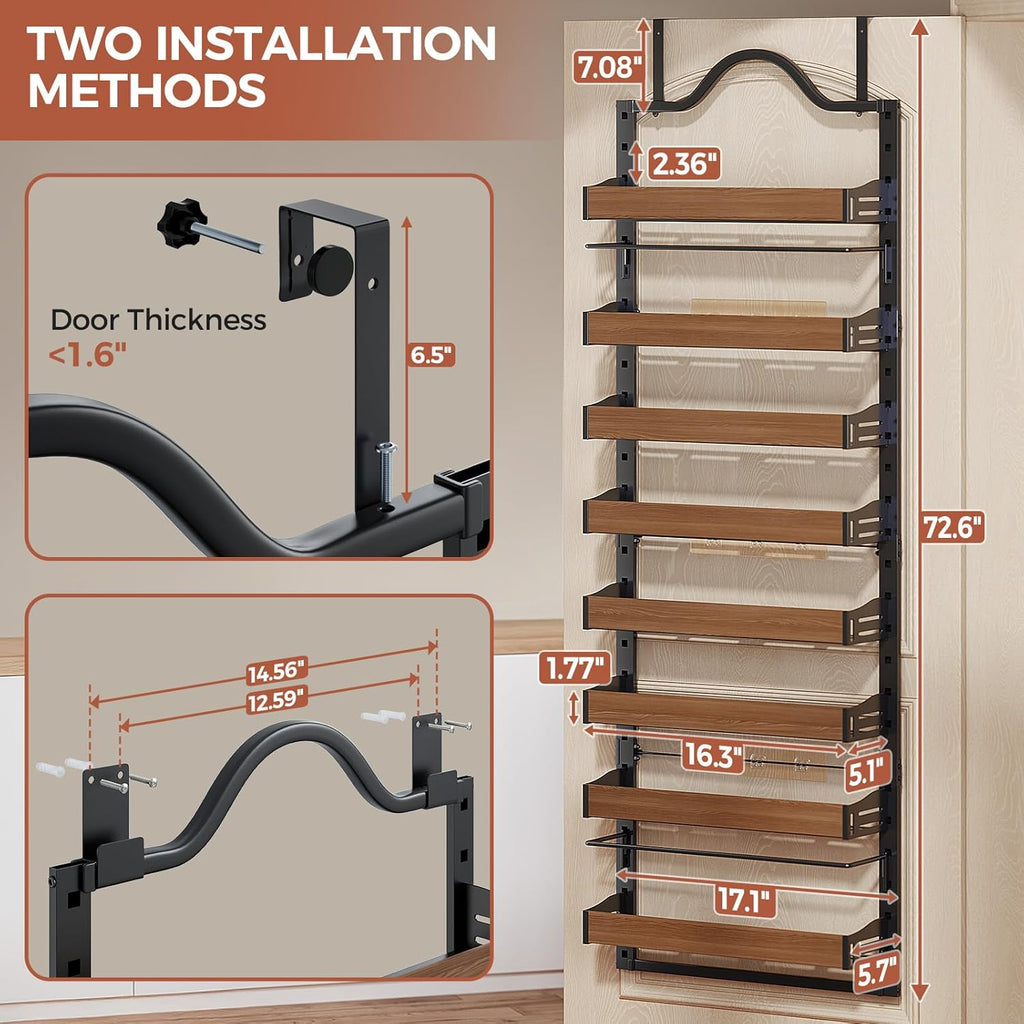 8-Tier Pantry Door Organizer, Over the Door Pantry Organizer with Wooden Adjustable Baskets, 2 IN 1 Spice Rack Wall