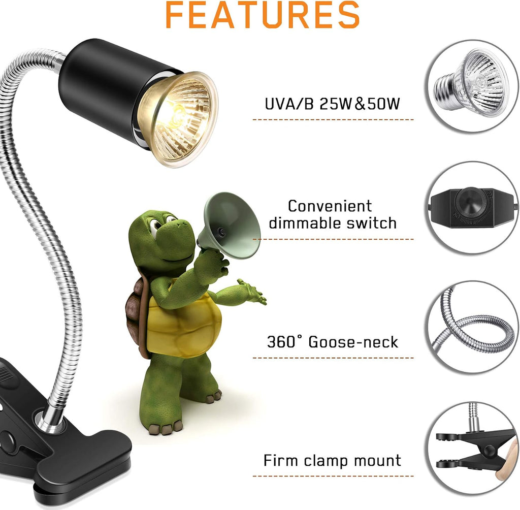 Reptile Heat Lamp,Heating Lamp with Clamp, Adjustable Habitat Basking Heat Lamp,UVA/UVB Light Lamp 360° Rotatable
