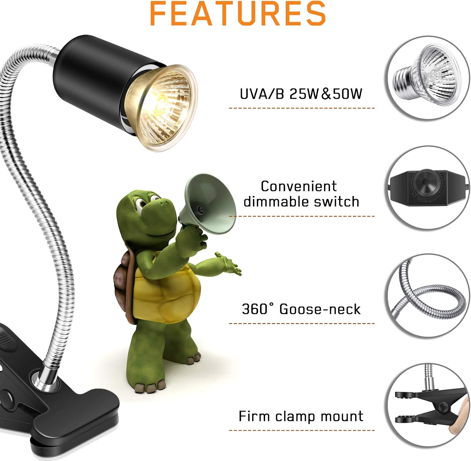 Reptile Heat Lamp,Heating Lamp with Clamp, Adjustable Habitat Basking Heat Lamp,UVA/UVB Light Lamp 360° Rotatable