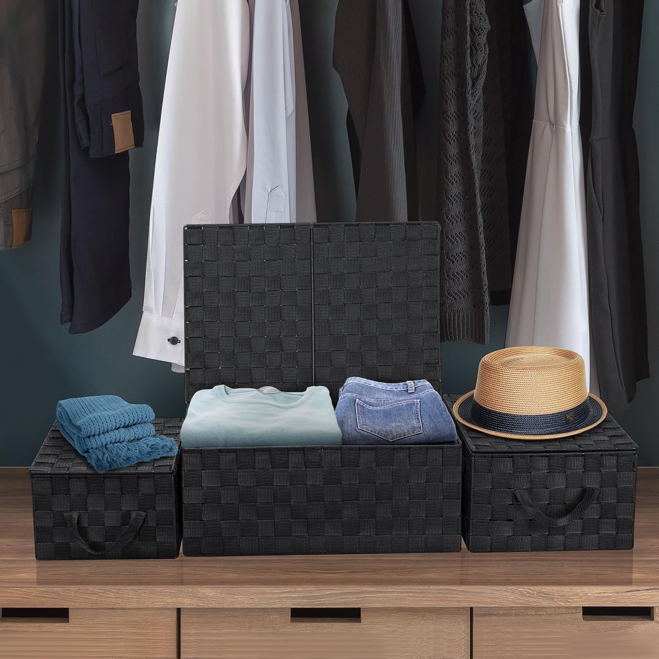 Set of 3 Hand-Woven Storage Baskets with Lids – Mesh Design Organizers for Closet, Shelves, and Home Storage (Black)