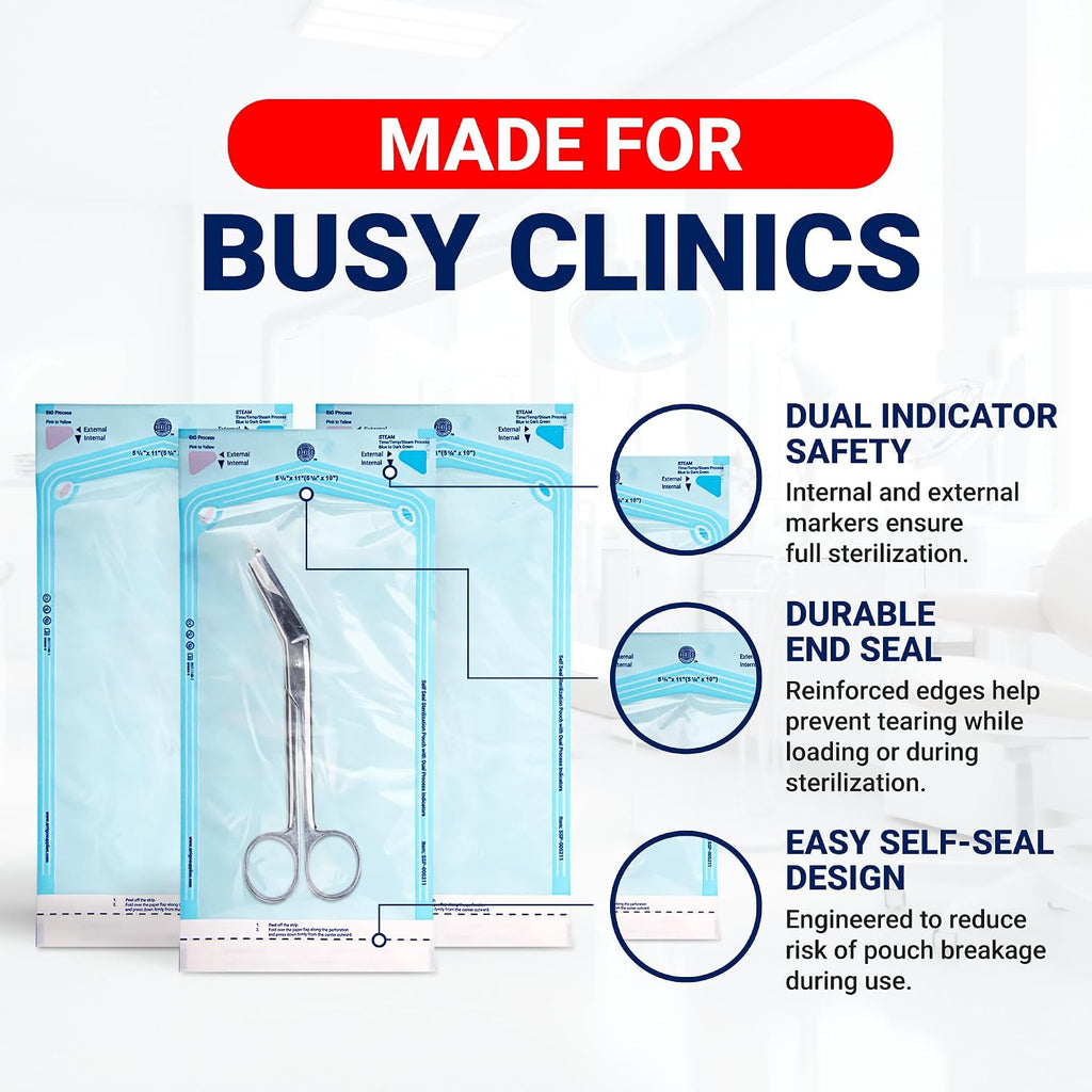 Arrigo Self-Sealing Sterilization Pouches 5.25" x 11" – 200 Count – Autoclave Bags with Internal & Dual (Int/Ext)