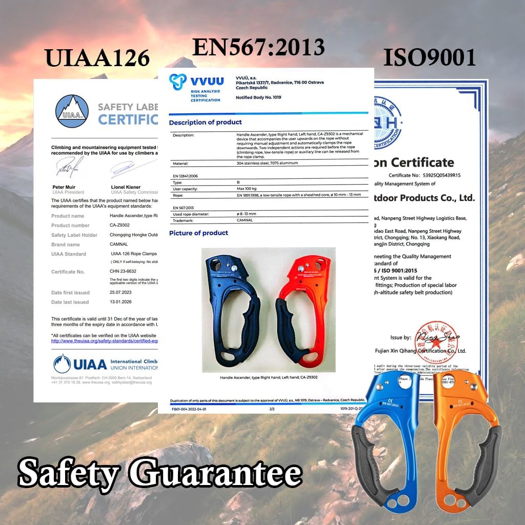 Quick Up Rope Ascender for Both Hand, UIAA & ISO & CE Certified Hand Ascender, Rope Clamp for 8~13MM Rope