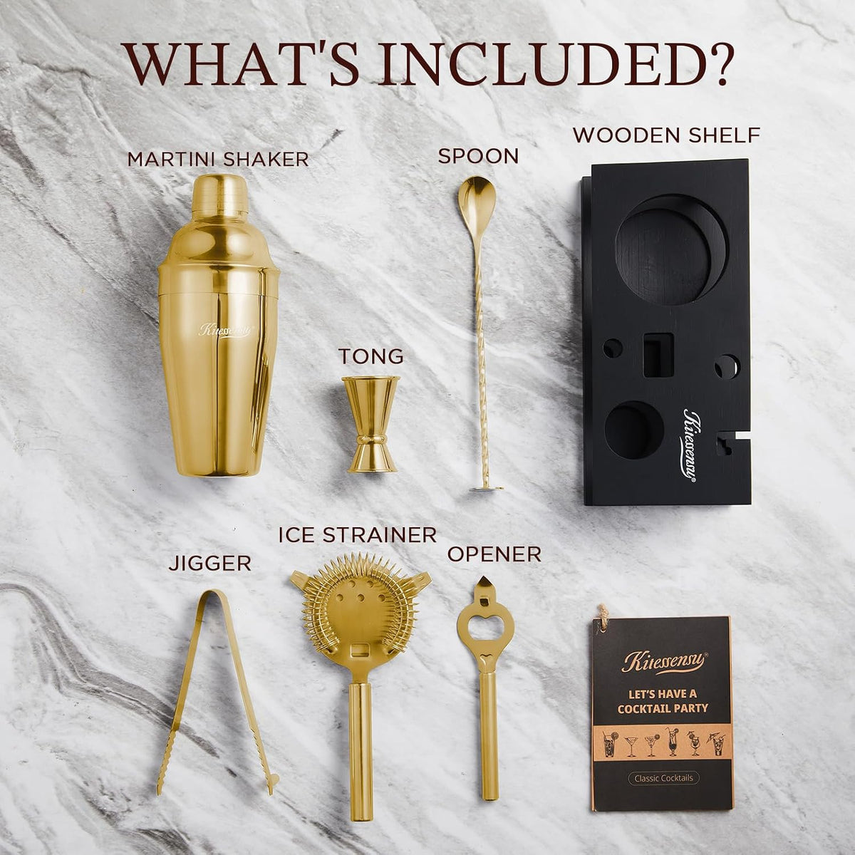 Cocktail Shaker Set Bartender Kit, 6-Piece Silver Bar Set with Stand, Gold