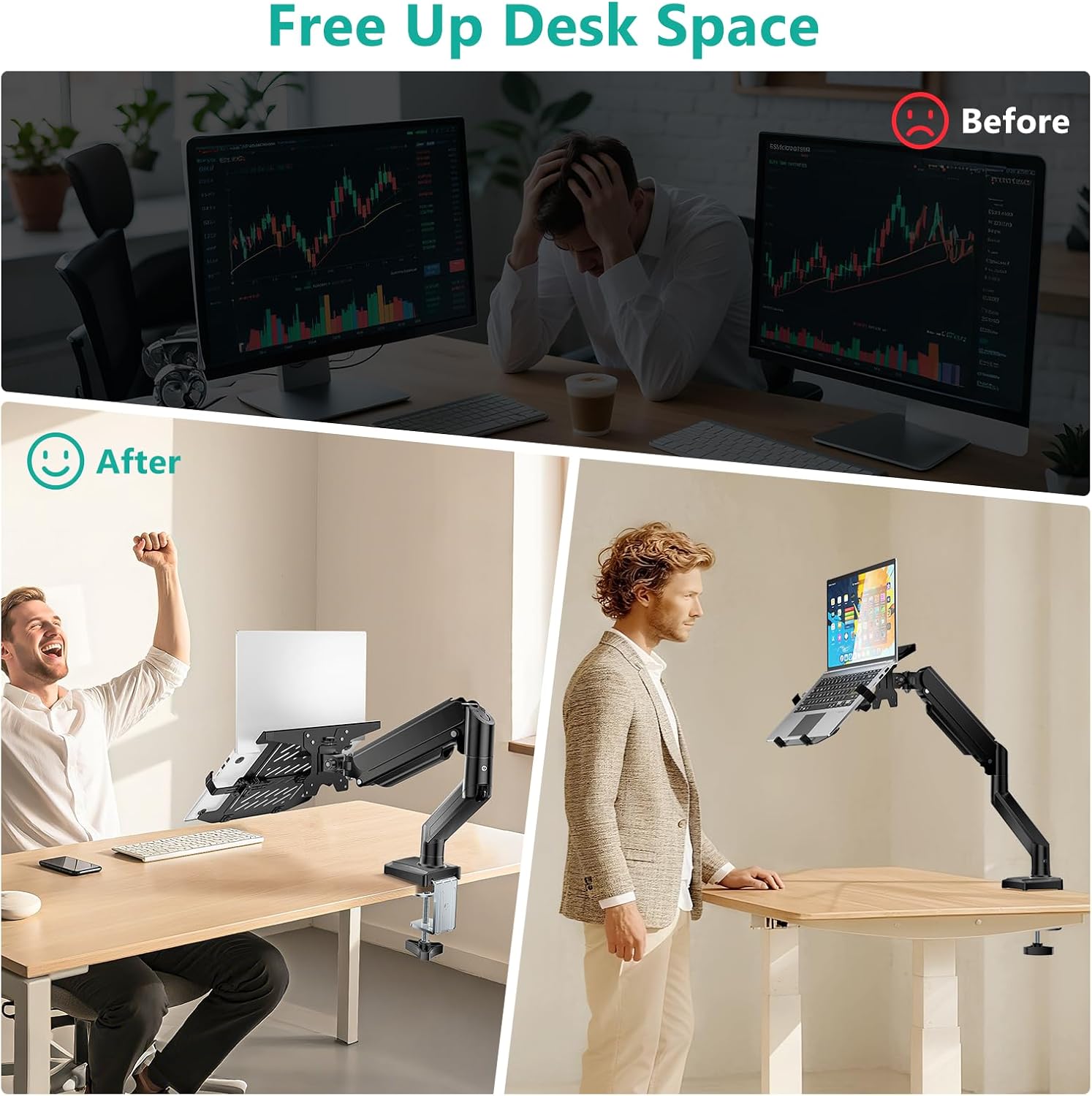 Single Arm Laptop and Monitor Desk Mount for 17" Notebook and Up to 32" Screen, 2-in-1 Adjustable Gas Spring Monitor