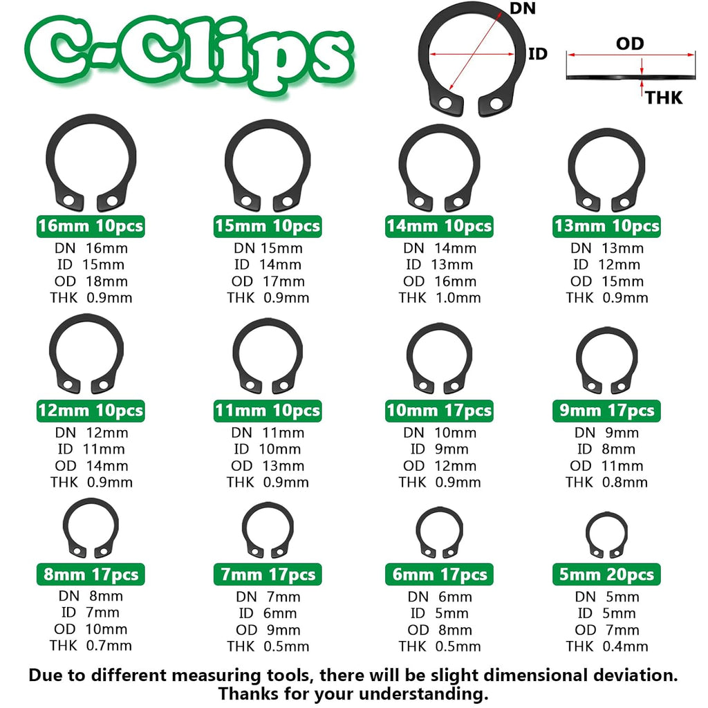 330PCS Snap Rings Kit, E Clips Kit (2-12MM) and C Clips Kit (5-16MM)