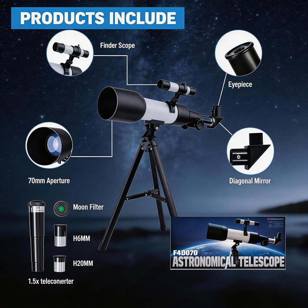 Telescope for Adults, 70mm Aperture 400mm Refractor Telescope for Astronomy Beginners with AZ Mount Tripod & Phone