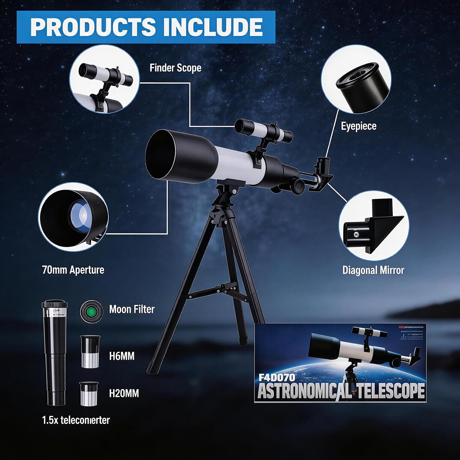 Telescope for Adults, 70mm Aperture 400mm Refractor Telescope for Astronomy Beginners with AZ Mount Tripod & Phone