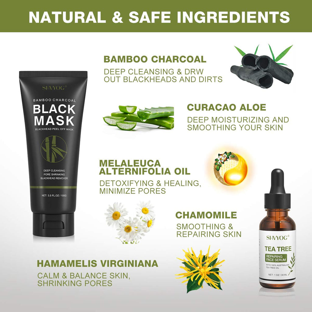 Blackhead Peel Off Face Mask, SHVYOG 3-in-1 Blackhead Remover Mask with Brush & Tea Tree Oil Serum, Charcoal Face