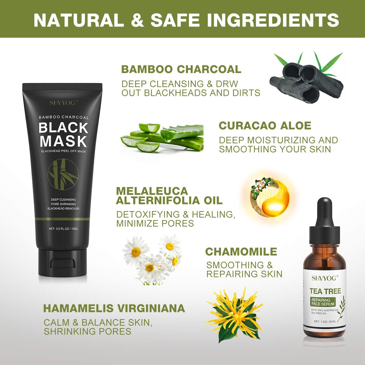 Blackhead Peel Off Face Mask, SHVYOG 3-in-1 Blackhead Remover Mask with Brush & Tea Tree Oil Serum, Charcoal Face