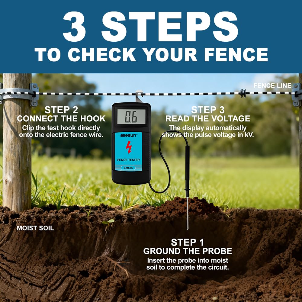 Digital Electric Fence Voltage Tester and Fault Farm Finder, Fence Voltmeter/Grounding Tester LCD Display for 300V to