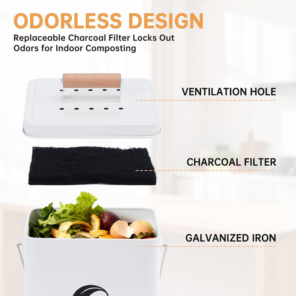 Kitchen Compost Bin, 1.7 Gallon Countertop Compost Bin with Lid and Charcoal Filter, Kitchen Composter for Food