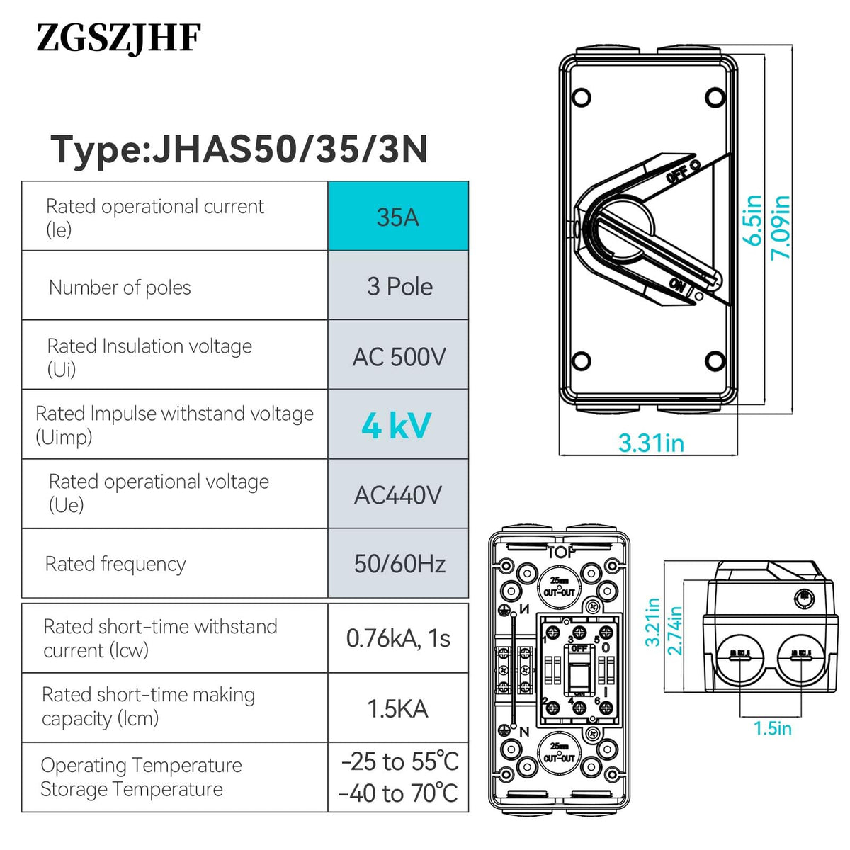 Disconnect Switch 3Pole 500VAC IP66 Waterproof Outdoor Isolation Switch 35A