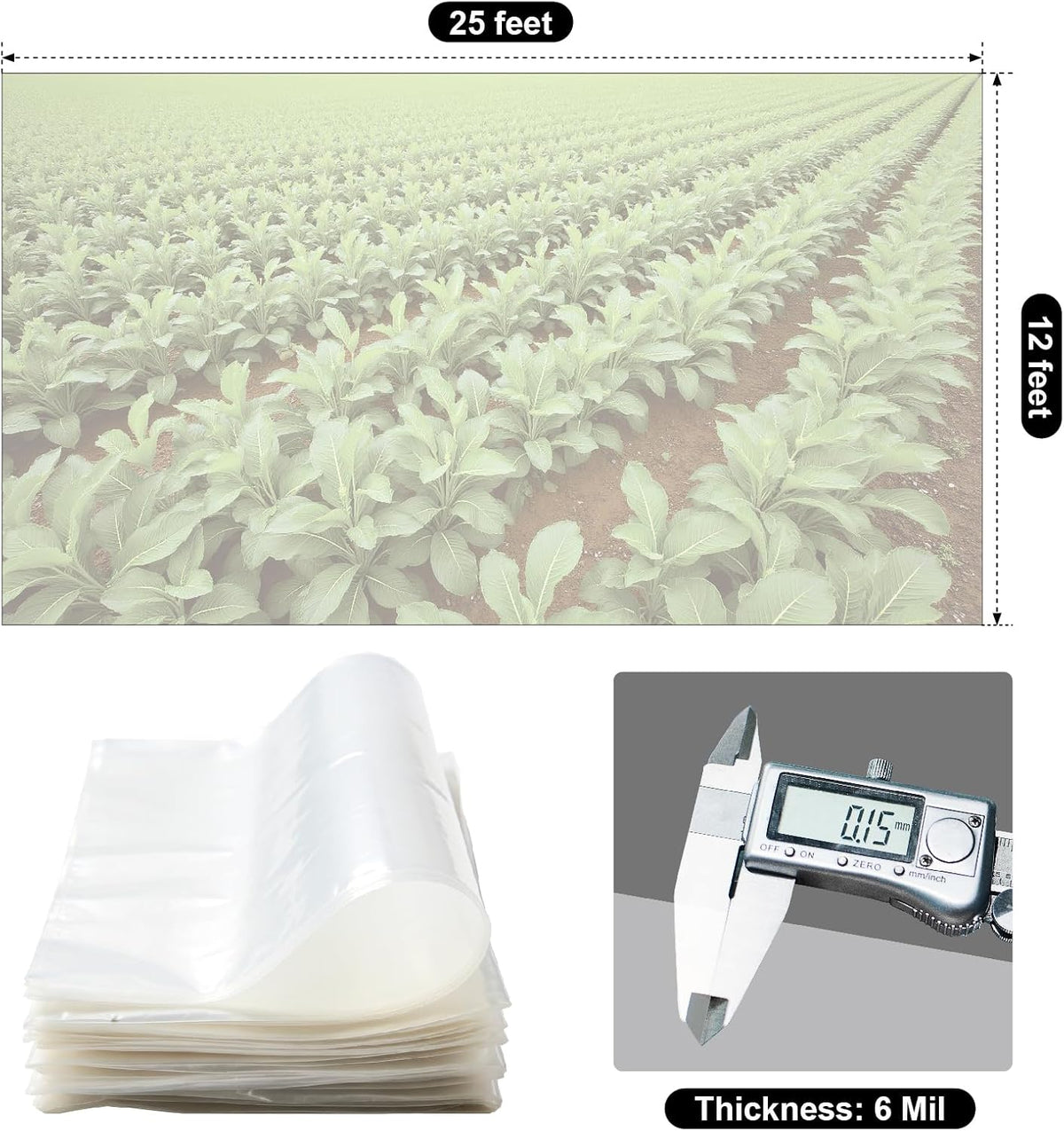Greenhouse Plastic Sheeting 12 x 25ft - 6 Mil Clear Polyethylene Film, UV Resistant & Anti-Drip Heavy Duty Plastic