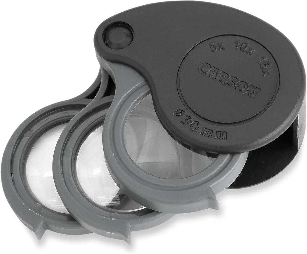 TriView 5x/10x/15x Folding Loupe Magnifier with Built-in Case, 3-in-1 Portable Loupe Magnifying Glass - Adjustable