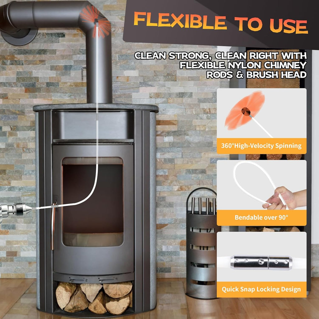 26 Feet Chimney Sweep Kit, Chimney Cleaning Kit with 8 Flexible White Chimney Rods, Chimney Brush, Rotary Chimney