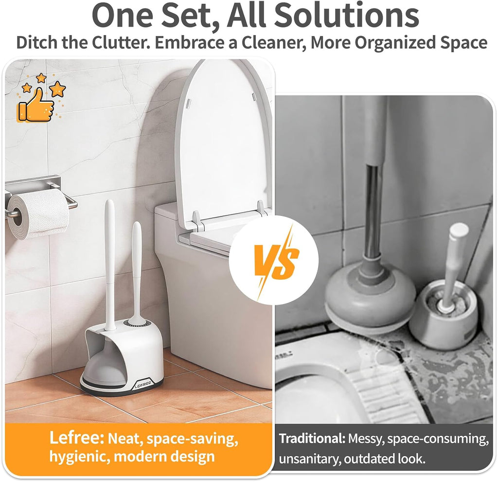 2 in 1 Toilet Brush and Plunger Set with Silicone Bristles, Plastic Material, Includes Holder, White/Black