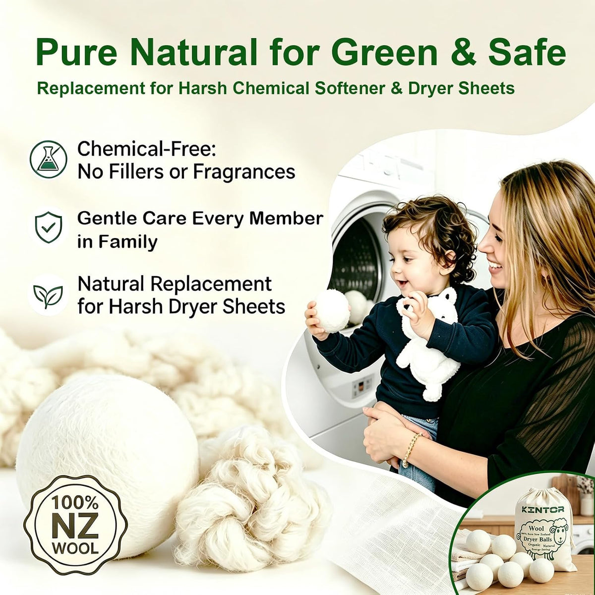 Wool Dryer Balls XL 6-Pack, Reusable Natural Laundry Fabric Softener
