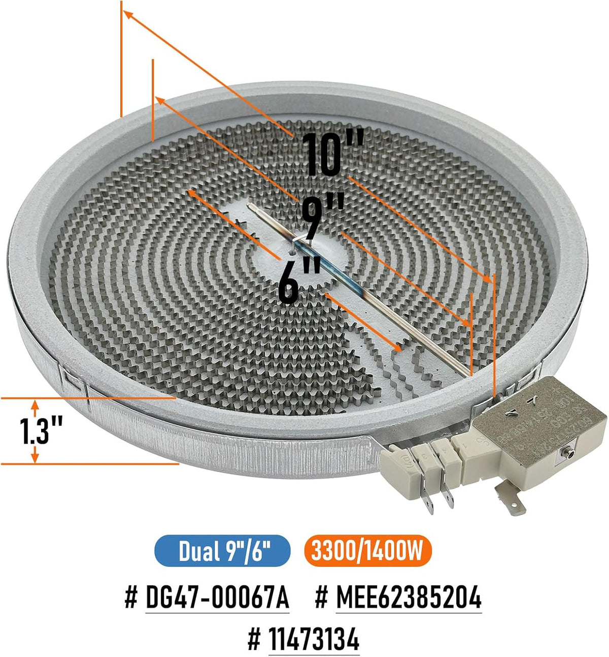 Range Cooktop 9"/6" Dual Radiant Surface Element Burner 3300/1400W OEM Replacement Parts, Compatible with Samsung DG47-00067A, LG MEE62385204, Hisense 11473134
