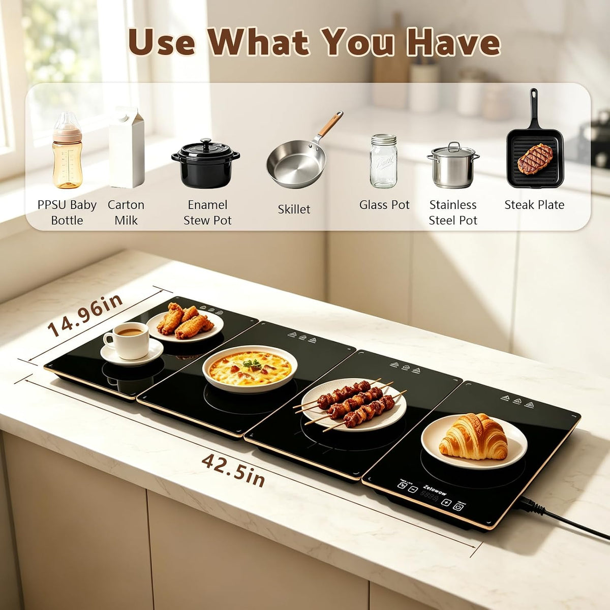 Electric Warming Tray, 42.5"x14.96" Extra Large 4-in-1 Food Warmer for with 8 Temp Settings & Timer, 4MM Tempered