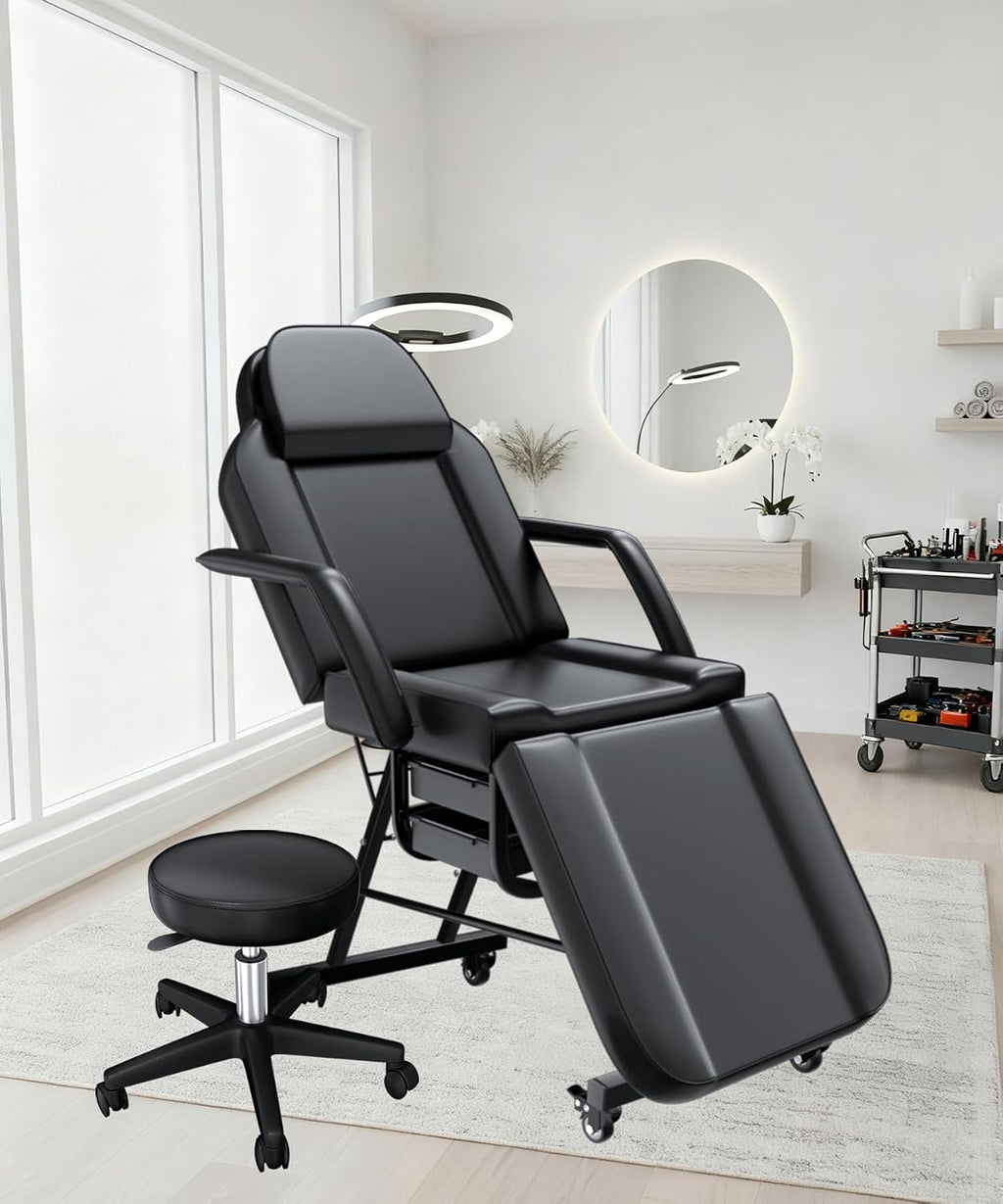 Black Tattoo Chair for Client with Hydraulic Rolling Stool, Tattoo Client Chair with Wheels Facial Chairs for