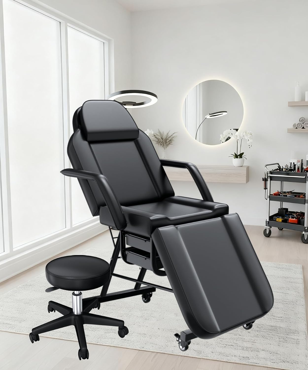 Black Tattoo Chair for Client with Hydraulic Rolling Stool, Tattoo Client Chair with Wheels Facial Chairs for