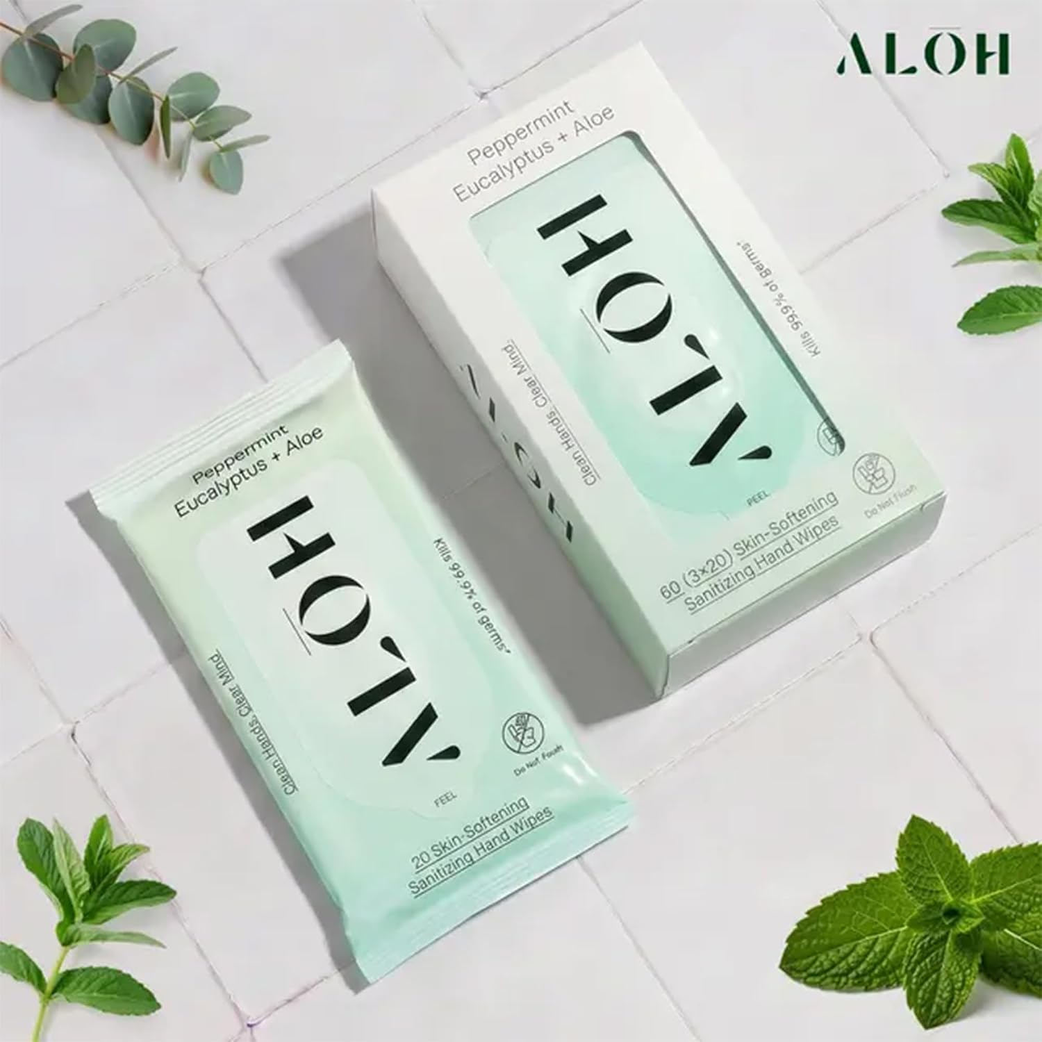 ALŌH Peppermint Eucalyptus + Aloe Hand Sanitizer Wipes, Travel Size | Clean Hands, Clear Mind, On The Go for Kids and